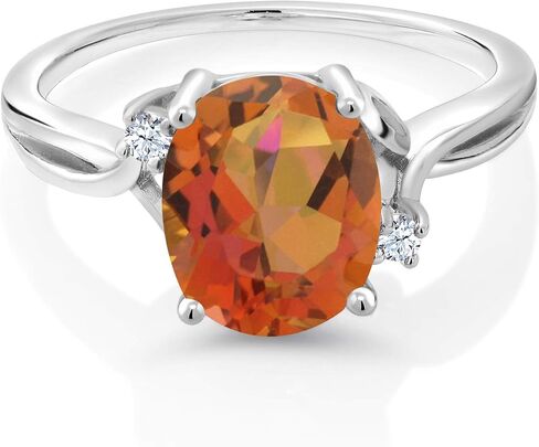 Gem Stone King 925 Sterling Silver Twilight Orange Mystic Quartz and White Created Sapphire 3 Stone Ring For Women (2.73 Cttw, Oval 10X8MM, Gemstone Birthstone, Available In Size 5, 6, 7, 8, 9) in Saudi Arabia