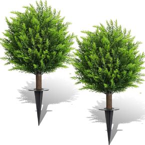 26.5" Artificial Cedar Topiary Ball Trees, Set of 2 UV Resistant Fake Evergreen Trees Shrubs Bushes Artificial Plants with Ground Spike Faux Cypress Plants for Indoor Outdoor Front Porch Garden in Saudi Arabia