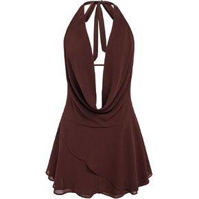 GORGLITTER Women's Halter Backless Dresses Deep V Neck Flowy Chiffon Bow Tie Layered Party Summer Mini Dress in Saudi Arabia