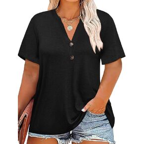 chulianyouhuo بالإضافة إلى قمم الحجم للنساء الصيف الخامس رقبة قصيرة الأكمام قمصان Henley زر بلوزة فضفاضة فضفاضة in Kuwait