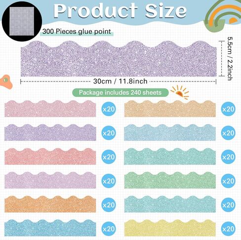 120 Pieces Glitter Bulletin Board Border Scalloped Border Trim Shiny Bulletin Poster Board Border Decoration Colorful Glitter Border Paper for School Classroom Office Party Wall Decor in Kuwait