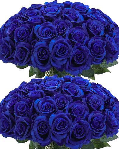 50pcs Artificial Roses Flowers in Bulk,Realistic Silk Fake Rose with Long Stem for Wedding Centerpieces Bouquet Party Floral Arrangement Home Decoration(Royal Blue) in Kuwait