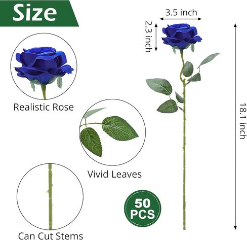 50pcs Artificial Roses Flowers in Bulk,Realistic Silk Fake Rose with Long Stem for Wedding Centerpieces Bouquet Party Floral Arrangement Home Decoration(Royal Blue) in Kuwait