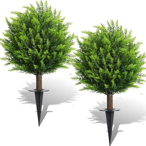 26.5" Artificial Cedar Topiary Ball Trees, Set of 2 UV Resistant Fake Evergreen Trees Shrubs Bushes Artificial Plants with Ground Spike Faux Cypress Plants for Indoor Outdoor Front Porch Garden in Saudi Arabia