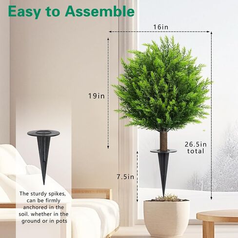 26.5" Artificial Cedar Topiary Ball Trees, Set of 2 UV Resistant Fake Evergreen Trees Shrubs Bushes Artificial Plants with Ground Spike Faux Cypress Plants for Indoor Outdoor Front Porch Garden in Saudi Arabia