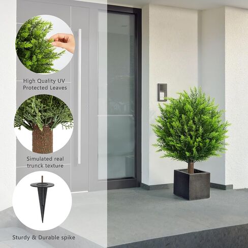 26.5" Artificial Cedar Topiary Ball Trees, Set of 2 UV Resistant Fake Evergreen Trees Shrubs Bushes Artificial Plants with Ground Spike Faux Cypress Plants for Indoor Outdoor Front Porch Garden in Saudi Arabia