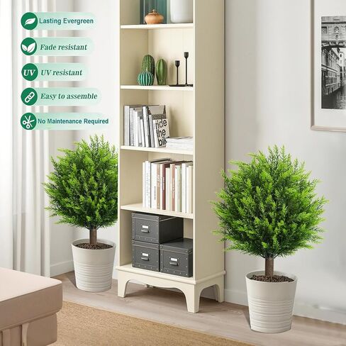 26.5" Artificial Cedar Topiary Ball Trees, Set of 2 UV Resistant Fake Evergreen Trees Shrubs Bushes Artificial Plants with Ground Spike Faux Cypress Plants for Indoor Outdoor Front Porch Garden in Saudi Arabia