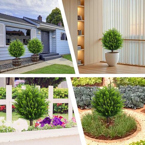26.5" Artificial Cedar Topiary Ball Trees, Set of 2 UV Resistant Fake Evergreen Trees Shrubs Bushes Artificial Plants with Ground Spike Faux Cypress Plants for Indoor Outdoor Front Porch Garden in Saudi Arabia
