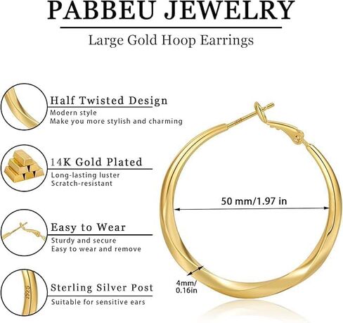 PABBEU Gold Hoop Earrings for Women Hypoallergenic 14k Gold Plated Hoop Earrings Lightweight 925 Sterling Silver Hoops Diamond-Cut Large Hoop Earrings 30/40/50mm in Kuwait