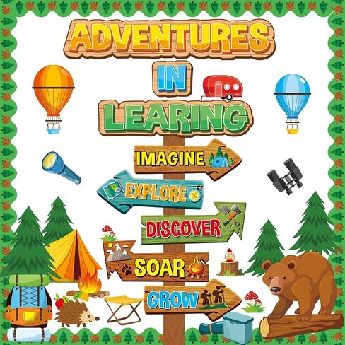 Camping Bulletin Board Classroom Decoration Colorful Camping Adventure Signpost Bulletin Board Set Supplies Camper Camping Tent Forest Cutouts Decoration for Summer Back to School Wall Door Decor in Saudi Arabia