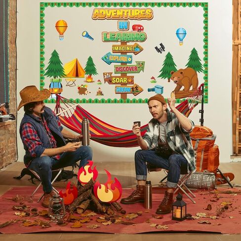 Camping Bulletin Board Classroom Decoration Colorful Camping Adventure Signpost Bulletin Board Set Supplies Camper Camping Tent Forest Cutouts Decoration for Summer Back to School Wall Door Decor in Saudi Arabia