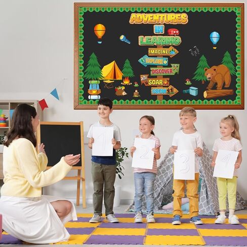 Camping Bulletin Board Classroom Decoration Colorful Camping Adventure Signpost Bulletin Board Set Supplies Camper Camping Tent Forest Cutouts Decoration for Summer Back to School Wall Door Decor in Saudi Arabia