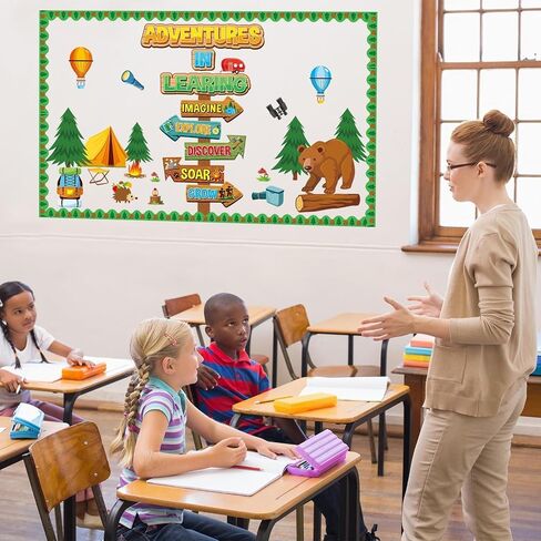 Camping Bulletin Board Classroom Decoration Colorful Camping Adventure Signpost Bulletin Board Set Supplies Camper Camping Tent Forest Cutouts Decoration for Summer Back to School Wall Door Decor in Saudi Arabia