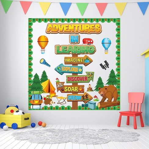 Camping Bulletin Board Classroom Decoration Colorful Camping Adventure Signpost Bulletin Board Set Supplies Camper Camping Tent Forest Cutouts Decoration for Summer Back to School Wall Door Decor in Saudi Arabia