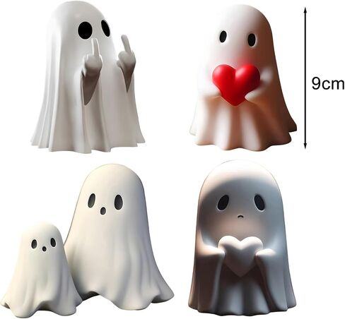 1/2/5PCS Halloween Ghost Figurines - Cute Resin Ghost Statue Decor with Love Heart & Finger, Spooky Home Office Desktop Ornament for Indoor Halloween Decorations C in Saudi Arabia