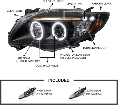 المواصفات Thuning Black LED Dual Angel Eyes Projector المصابيح الأمامية المتوافقة مع 2009-2010 Toyota Corolla ، مجموعة مصابيح الأمامية اليمنى + اليمين. in Saudi Arabia