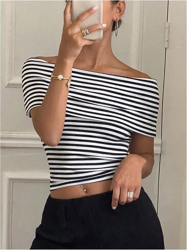 Shenhe Women's Off Counter Crotte Tops Princed Print Short Sleve Slim Fit Top Tees in Saudi Arabia
