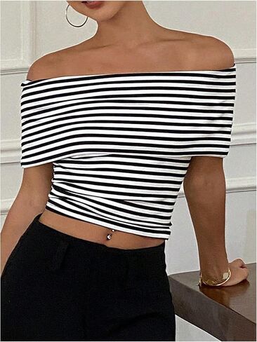 Shenhe Women's Off Counter Crotte Tops Princed Print Short Sleve Slim Fit Top Tees in Saudi Arabia