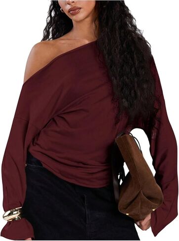 MakeMeChic Women's Off The Shoulder Top Y2k Going Out Asymmetrical Tops Long Sleeve T Shirt in Saudi Arabia