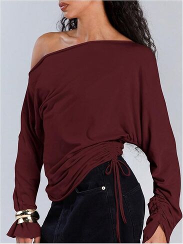 MakeMeChic Women's Off The Shoulder Top Y2k Going Out Asymmetrical Tops Long Sleeve T Shirt in Saudi Arabia