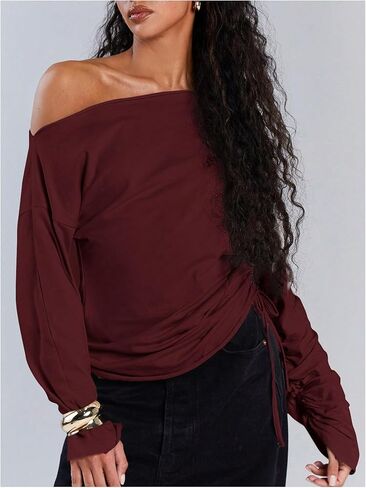 MakeMeChic Women's Off The Shoulder Top Y2k Going Out Asymmetrical Tops Long Sleeve T Shirt in Saudi Arabia