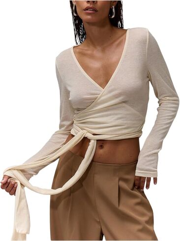 Milumia Women's V Neck Long Sleeve Wrap Shirt Tie Knot Crop Tops in Saudi Arabia