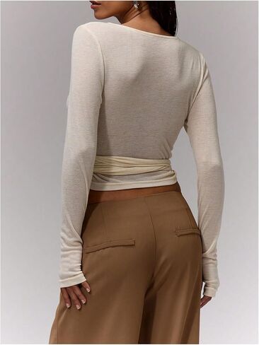 Milumia Women's V Neck Long Sleeve Wrap Shirt Tie Knot Crop Tops in Saudi Arabia
