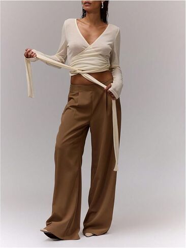 Milumia Women's V Neck Long Sleeve Wrap Shirt Tie Knot Crop Tops in Saudi Arabia