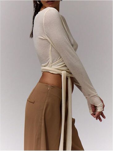 Milumia Women's V Neck Long Sleeve Wrap Shirt Tie Knot Crop Tops in Saudi Arabia