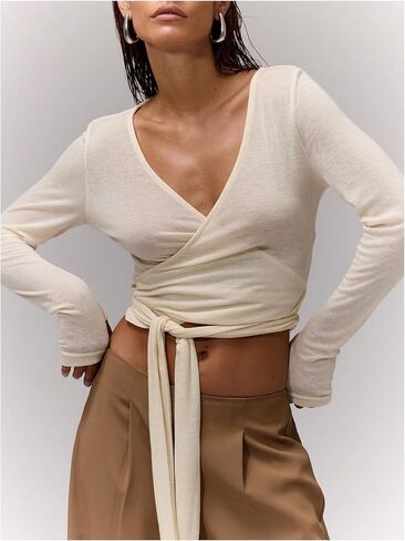 Milumia Women's V Neck Long Sleeve Wrap Shirt Tie Knot Crop Tops in Saudi Arabia