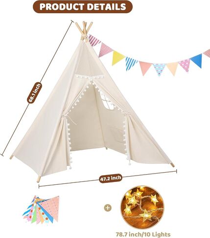 Sumbababy Kids Teepee Tent for Toddlers - Kids Play Tents Indoor Playhouse for Girls & Boys - Washable Tipi Sleepover Tent Kid Boho Toddler Tents with Lights & Carry Bag - Foldable Outdoor Gift Toys in Saudi Arabia