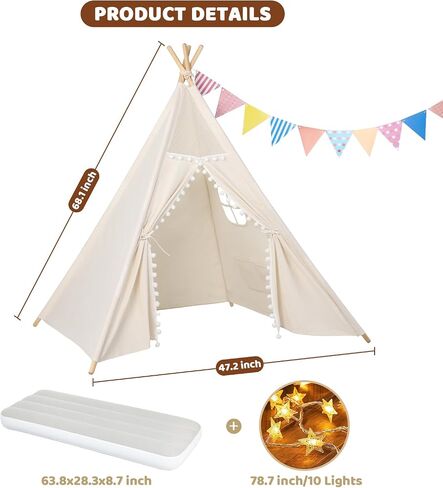 Sumbababy Kids Teepee Tent for Toddlers - Kids Play Tents Indoor Playhouse for Girls & Boys - Washable Tipi Sleepover Tent Kid Boho Toddler Tents with Lights & Carry Bag - Foldable Outdoor Gift Toys in Saudi Arabia