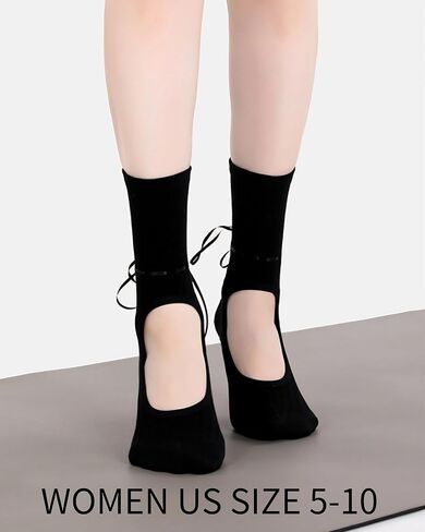 Cute Ribbon Grip Pilate Socks,Grippy Yoga Sock for Women Girls,No Slip Crew Socks for Barre,Gym,Workout,Dance,Floor in Kuwait