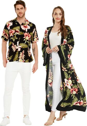 Matchable Couple Hawaiian Luau Shirt or Maxi Kimono in Rafelsia Black in Saudi Arabia