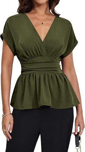 Milumia Women's V Cap Cap Sleeve Wrap Blouses Ruched Ruched Ruchlege Tops Peplum Peplum in Saudi Arabia