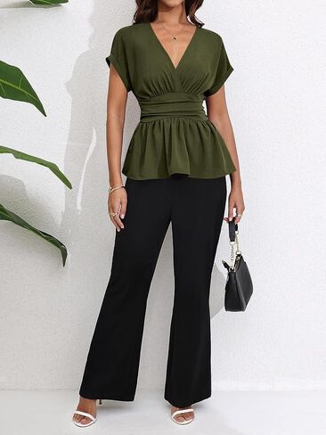 Milumia Women's V Cap Cap Sleeve Wrap Blouses Ruched Ruched Ruchlege Tops Peplum Peplum in Saudi Arabia
