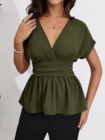 Milumia Women's V Cap Cap Sleeve Wrap Blouses Ruched Ruched Ruchlege Tops Peplum Peplum in Saudi Arabia