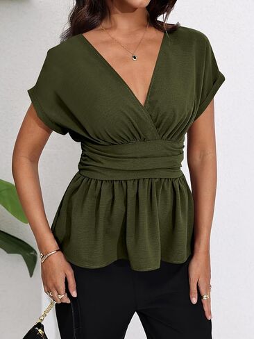 Milumia Women's V Cap Cap Sleeve Wrap Blouses Ruched Ruched Ruchlege Tops Peplum Peplum in Saudi Arabia