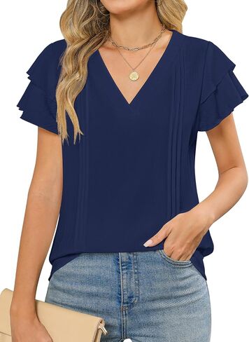 Womens Dressy Casual Tops Double Layered Ruffle Short Sleeve Pleated V Neck Shirts 2025 Summer Business Work Blouse in Kuwait