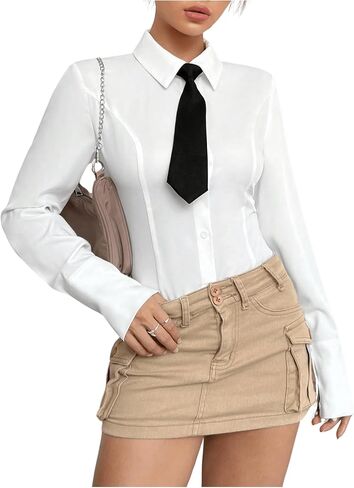 SweatyRocks Women's Button Down Long Sleeve Blouse Collared Slim Fit Dress Shirts with Tie in Saudi Arabia