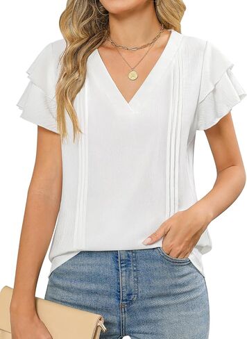 نساء قمم غير رسمية غير رسمية مزدوجة الكشكش قصيرة الأكمام مطوية القمصان الرقبة 2025 بلوزة العمل الصيفية العمل الصيفية in Kuwait