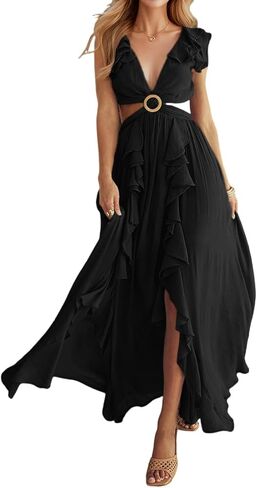 Women's Boho Dress Sexy Deep V Neck Hollow Out Side Slit Beach Party Long Dresses in Saudi Arabia