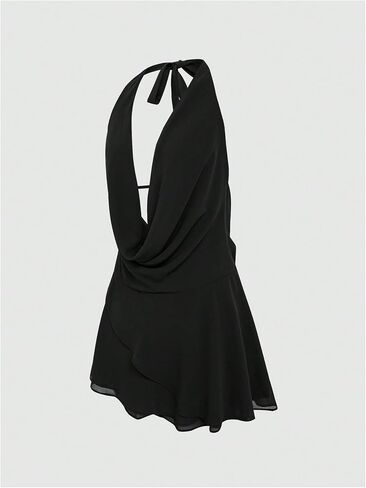 GORGLITTER Women's Halter Backless Dresses Deep V Neck Flowy Chiffon Bow Tie Layered Party Summer Mini Dress in Kuwait