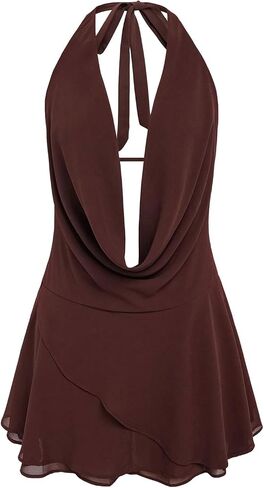 GORGLITTER Women's Halter Backless Dresses Deep V Neck Flowy Chiffon Bow Tie Layered Party Summer Mini Dress in Saudi Arabia