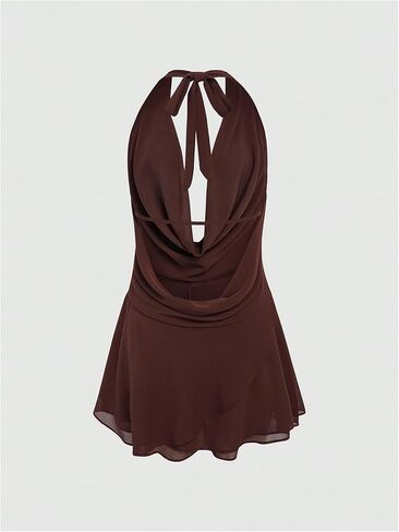 GORGLITTER Women's Halter Backless Dresses Deep V Neck Flowy Chiffon Bow Tie Layered Party Summer Mini Dress in Saudi Arabia