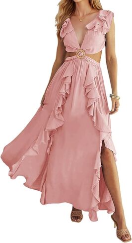 Women's Boho Dress Sexy Deep V Neck Hollow Out Side Slit Beach Party Long Dresses in Saudi Arabia