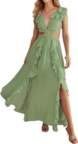 Women's Boho Dress Sexy Deep V Neck Hollow Out Side Slit Beach Party Long Dresses in Saudi Arabia