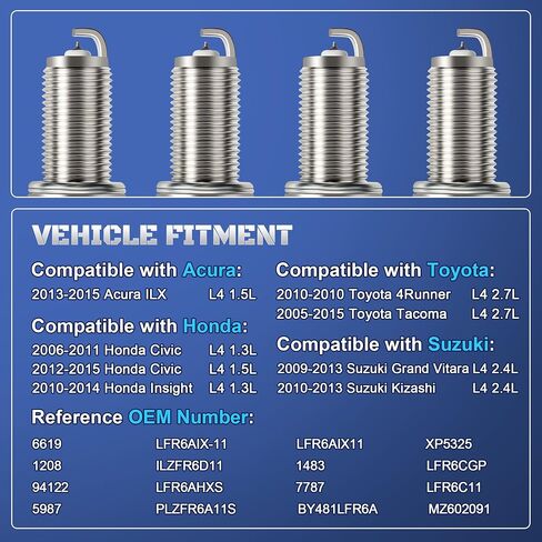FACKs Iridium Spark Plugs 4 Pack Fit to Toyota Tacoma 2.7 2005-2015 ، Honda Civic 2006-2015 ، Honda Insight 2010-2014 ، Acura ILX 2013-2015 ، Suzuki Kizashi Grand Vitara 2009-2013 LFR6AIX11 LFR6AIX-11 in Saudi Arabia