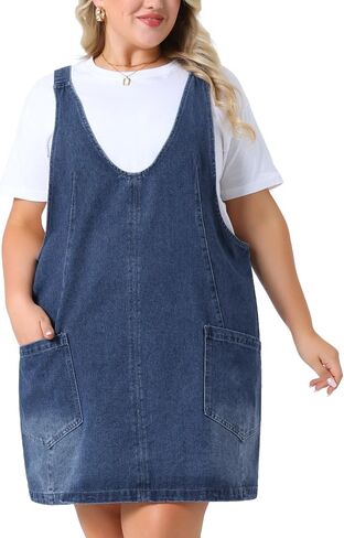 Agnes Orinda Plus Size Size Compley Dress for Women Olcyveless v Deck Denim Jumper Bress مع جيب in Kuwait