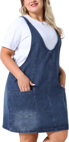 Agnes Orinda Plus Size Size Compley Dress for Women Olcyveless v Deck Denim Jumper Bress مع جيب in Kuwait